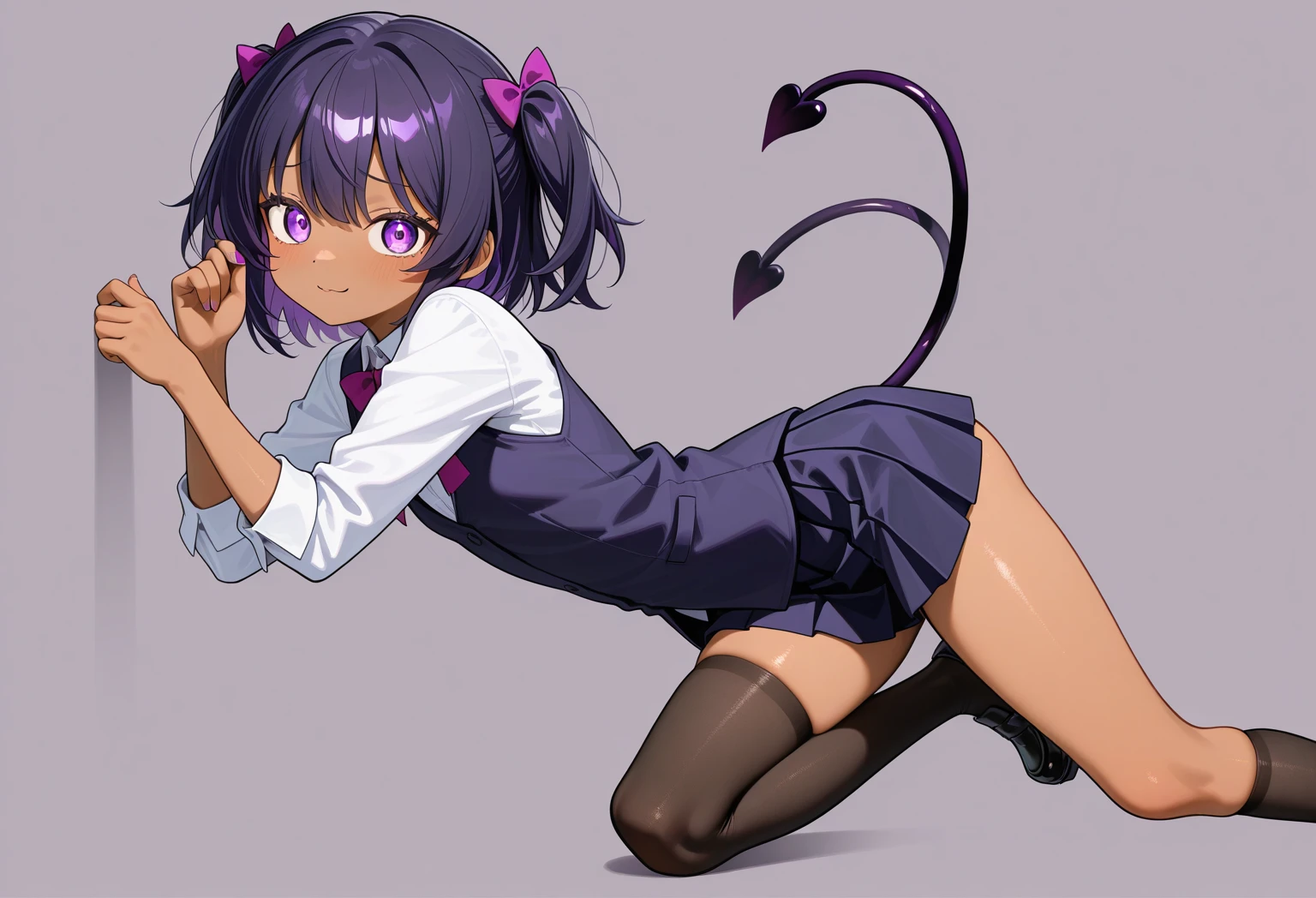 1girll,((There is a five-pointed star in the eye))Gorgeous Hair in Long Purple,Smile,Open mouth,JK school uniform,Blushlush,Cat ears,sofe,Classroom,classroom desk,all fours,white stockings,Be red in the face