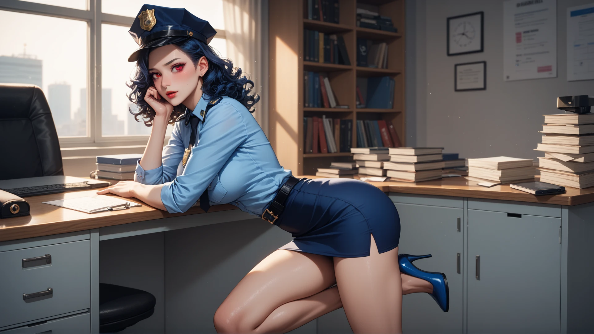 score_9, score_8_up, score_7_up, score_6_up, score_5_up, score_4_up,1 woman ,FioraNormal,\(league of legends\) ,hot bimbo with large fake tits, ((very firm fake tits)), ((spherical fake tits)),((topheavy)), toned body, massive tits, enhanced, oiled shiny skin, updo, small waist, big ass, huge ass, bubble butt, thong,long eye lashes, fake eye lashes, make-up, eye shadow, green eyes, green hair, decolette necklace, classy, stockings, garter belt, buttoned jacket, investigator, pencil skirt, high heels, holding a police badge, raw, photorealistic, interrogation room, sitting behind desk, leaning over desk, below desk, leaning forward, tits resting on desk, tits pressed on desk, towering over you, concept art ultimatum, horizontal splits, blowjob, 1man, big dick, big balls, pre cum on dick, focus on girl