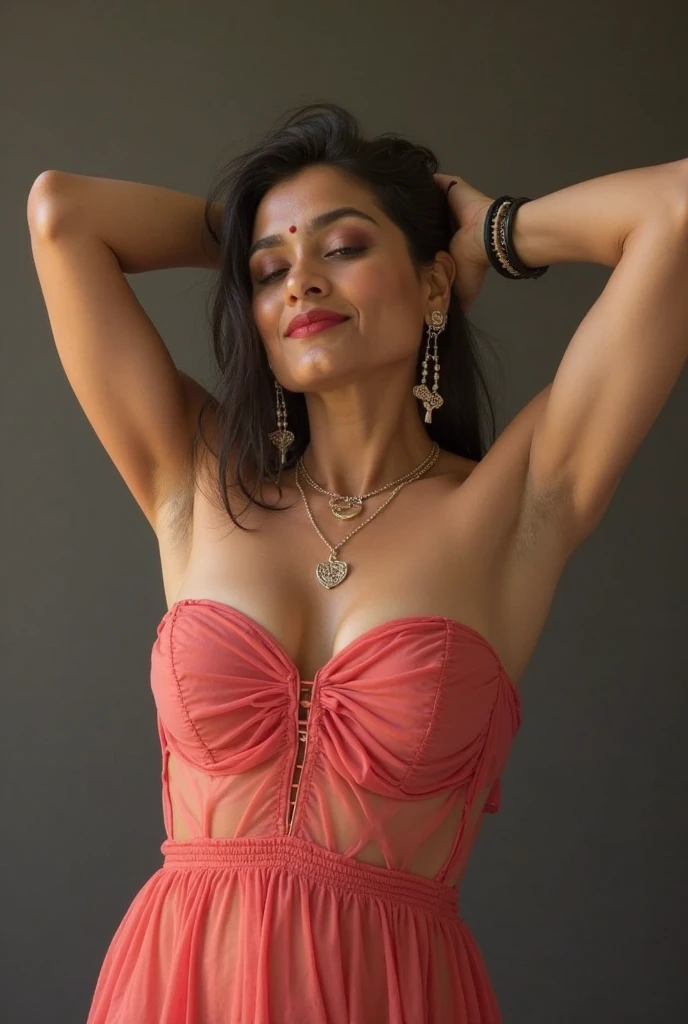 Beautiful elderly woman, cute,sexy,55 years old,,sexy, old woman,very Big saggy Breasts:1.6, skimpy halter red clothing, beads decor on arms, beaded arm bands indian style jewelery, Side boob, wavy hair with braids, arms straight up, plain grey background