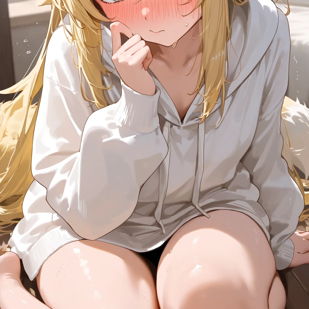 Browsing Caution,((Only one person)),(Petite),((Cute man's daughter)),( in the crotch),seiza,Blonde woman with low pigtails,lips,Sweat,White Breath,hoodie,The gaze of the viewer,A begging expression,Showing off erects