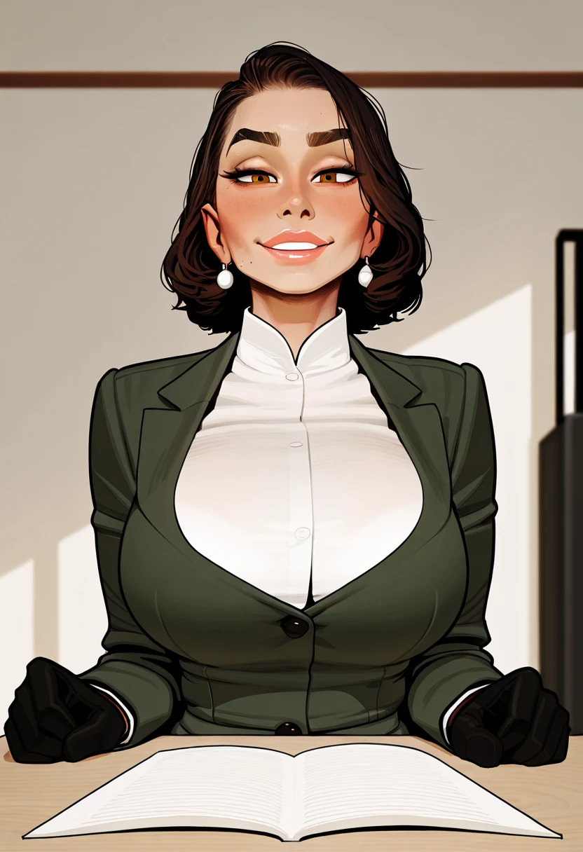 Female busty business woman, short brown bob cut, wearing makeup, wearing business outfit, sexy, cute, full lips, wearing lipstick