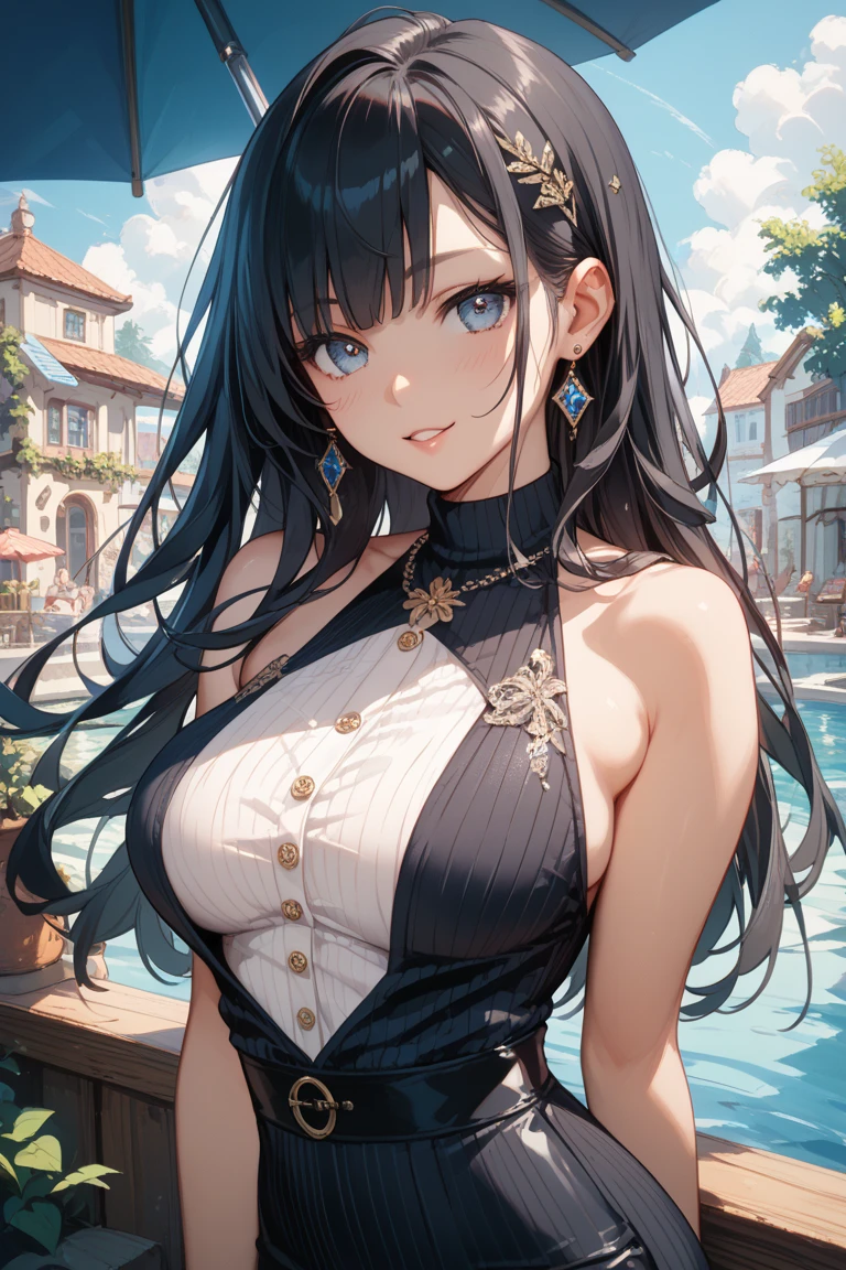 {{{masterpiece}}}, {{{best quality}}}, {{ultra-detailed}}, {cinematic lighting}, {illustration}, {beautifuly detailed eyes}, {1girl}, extremely detailed, 1girl, solo, A beautiful samurai warrior, blue hair in a long ponytail, wearing gold and blue kimono, warrior, playful smile, brown eyes, huge breasts, cleavage, hourglass figure, facing viewer, outdoors, woodland background, highly detailed face and clothing, slightly narrow eyes, perfect face, fair skin, hair bangs, long hair, cowboy shot, noble beautiful, traditional Japanese clothing, samurai woman