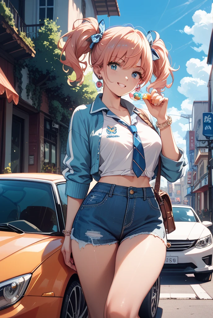 Anime Art、Full body portrait、Shadowrun、Future SF delivery guy、A woman, about 170cm tall, around 38 years old, wearing a T-shirt, jacket and shorts, eating pizza while walking、Short, medium length, curly blonde hair、Laughing with mouth open、Blue Eyes、Wearing a cap cap、sports boots、Drones are being brought along、pick-up truck
