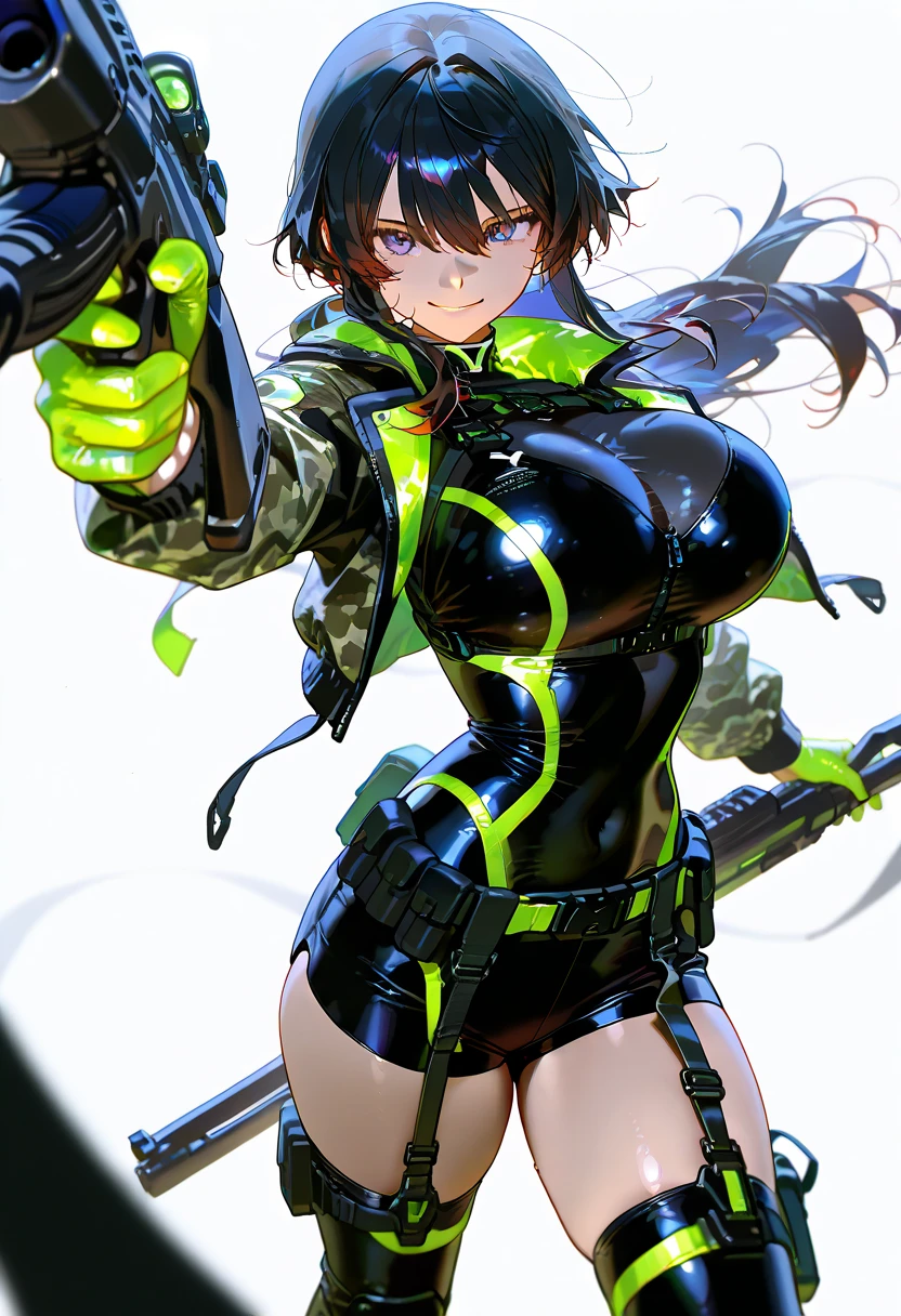 Buttercup from Powerpuff Girls as a Violent Mature Themed Action Anime, short black pixie-cut hair:1.4, bloodied up battle damage and wear, Damaged and Ripped clothes, large bouncy breasts:1.2, blue and black clothes, nsfw