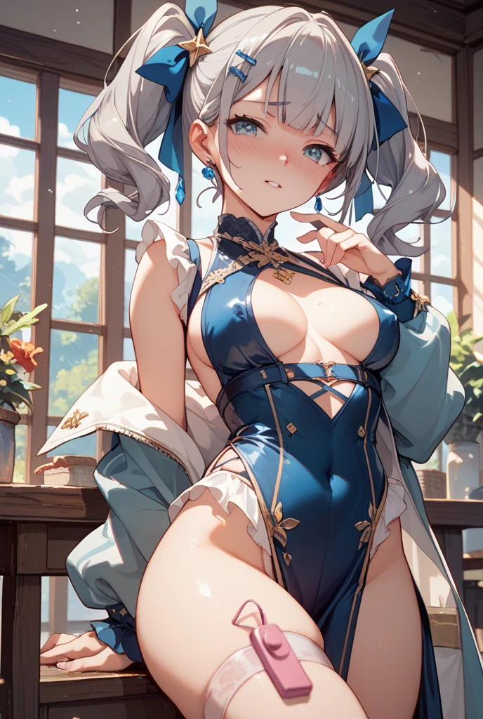 Woman 30 years oriental, Japanese, short to medium hair and slightly curly at shoulder height, detailed scarf tied over the head, covering the whole head, over the hair, scarf over the hair, the top of the head and with tribal design, nice big breasts, flat belly, wide hips, a little defined and a little muscular, white hair (withe hear), beautiful nose, brown eyes half open, smiling lightly, sexy look, very sexy, seductive and hot, hoop earrings, detailed choker, with thin pantyhose, detailed and white scarf tied at the waist, high heeled shoes, trying on sensual lingerie in front of the mirror, pose in front mirror long, high, light coming in through the bedroom window, perfect contrast, perfect shadows,