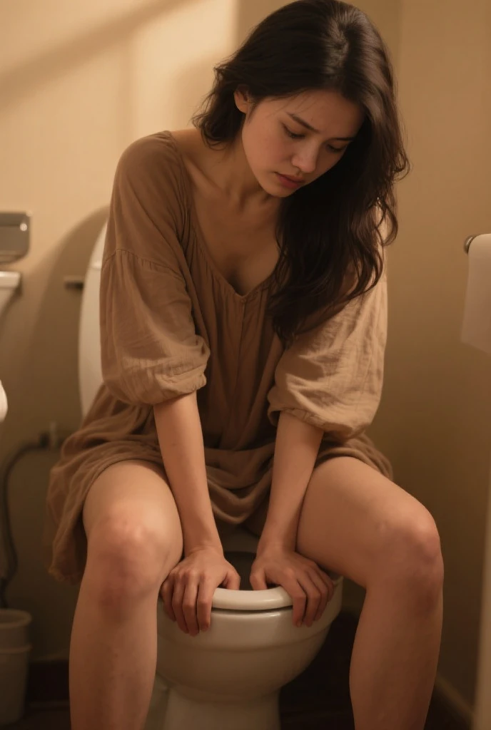 Woman in blue robe kneeling on toilet 


