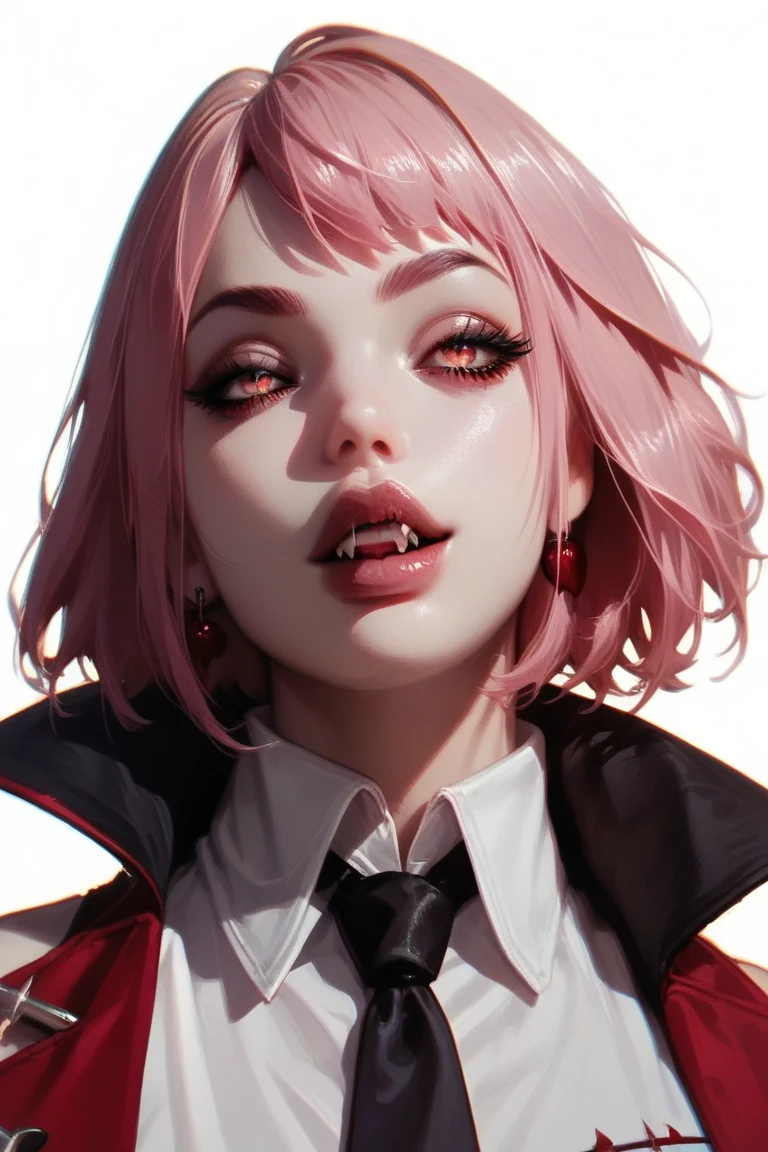 Painting of a woman with decapitated pink hair with blood running down her face and neck