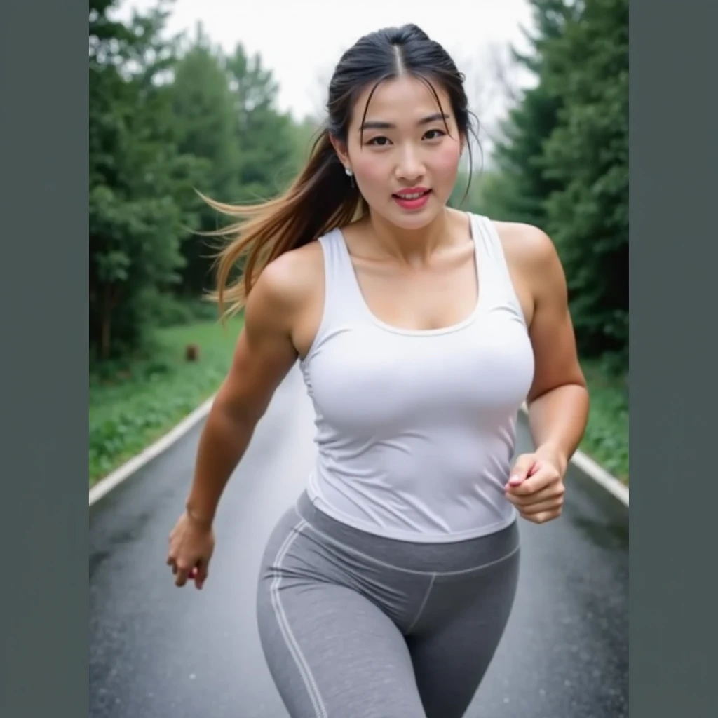(top-quality、8K、32K、​masterpiece、nfsw:1.2)、25-years old、(Solo)、Beautiful Ala-Fed Woman、Cinematic lighting、(big butts)、((Colorful running wear)),( Shiny brown hair)、Detailed hairstyles,Insanely detailed、(large full breasts:1.3)、(Body wet with sweat、Face wet with sweat)、Smile、broad shoulder、While running、On the shores of the lake、Jogging Road、