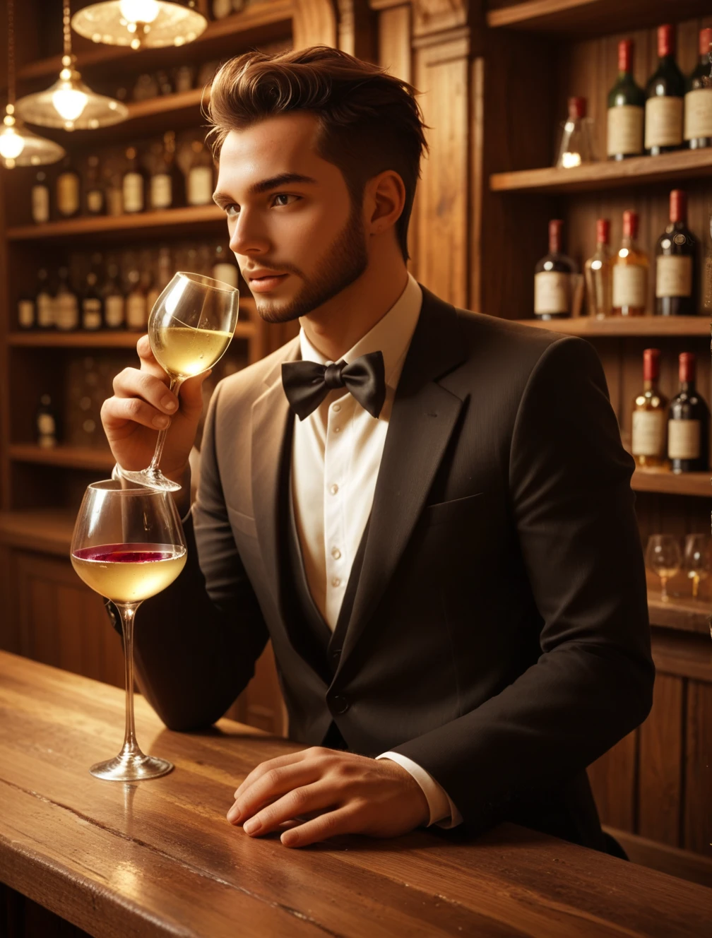 Handsome man in his early 20s、Handsome European man in his 20s、Like gay handsome guy、Please face forward、Male in his early 20s、Brown short hair,Black suit,White shirt,Man, beautiful jaw, suit, up set, sad, in bar with glass of whisky.