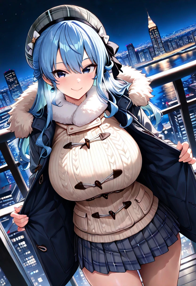 My name is Yukiko.I am a white test woman with long Sky blue hair,red eye color.I am 1.62 cm tall . Dressed in a long black coat, a winter jacket with a hood and warm pants being pregnant . With huge breasts measure 200 cm, waist 40 cm and my hips 200 cm