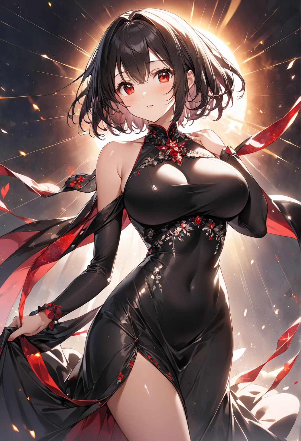 (best quality,4K,high resolution), 18 year old female, Red mesh hair on black hair, shiny long straight hair, Innocence,Sharp Eyes、Red Eyes、Small nose、Eyeliner、 Luxurious black silk babydoll、 Face、pal、contour、Slender body、Funny appearance,comics,and soul,Cute illustration of deformation、Detailed presentation of real skin texture、Muscle texture reproduction、Knife skills,huge , Crazy breast swelling, Chest larger than shoulder blades, Big breasts and thin waist,(huge breasts:1.2),Hydrated skin((rogue))((非常huge乳房)),((Grooves reveal original skin))
