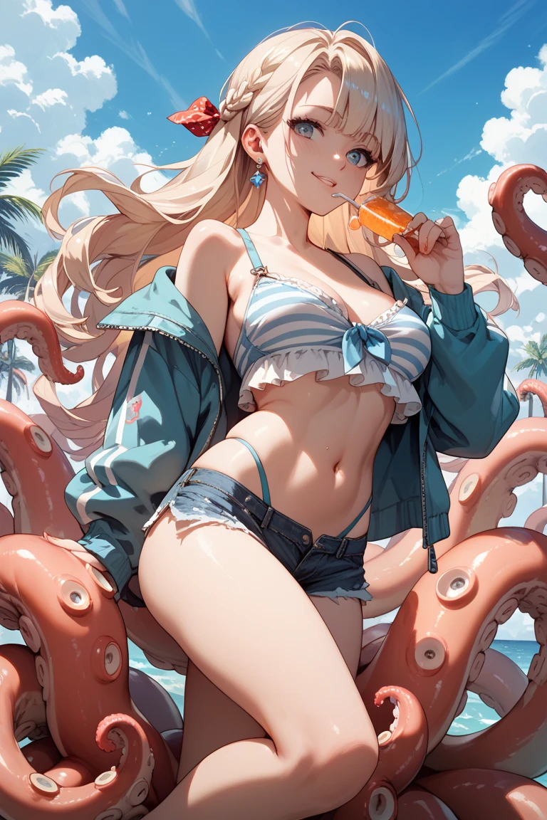 NSFW、Panoramic viewing angle、Pussy Real、Breast Real、Mastepiece、It is high resolution.、Photo woman、Detailed digital illustration、Blonde wavy long hair、Folded ponytail、Detailed eyes、Shiny Hair、((Naked in a high leg bikini:1.6))、Very beautiful woman、The eyes are double、Normal chest、Bust A cup、high resolution、high quality、Detailed background、((Very crowded beach:1.4))、((Two Arms、Four fingers、One thumb))、((Two Legs、Four fingers、One thumb))、Very beautiful woman、masterpiece、Crying is such a bright thing:1.3、(((Spread your legs and have sex with a tentacle:1.6))),(((Creampie:1.6))),(((Tentacles enter the:1.6))),