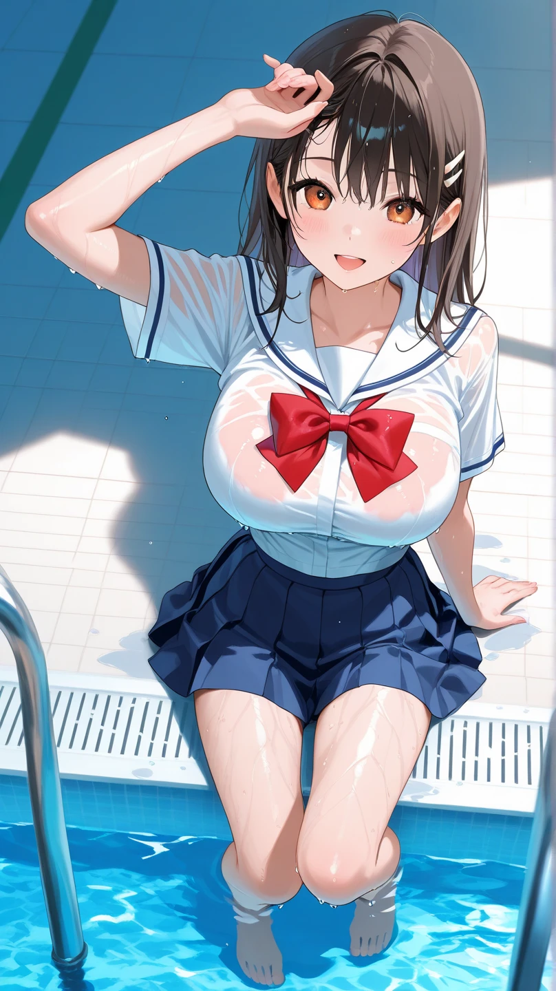 1 lady, HD quality, anime, solo full body shot, (sitting with hands back:1.3), (open legs to limit:1.5), (with one knee up:1.3), showing pubic area:, (under boob:1.6), Large breasts, (cleavage), shiny skin, smiling, (thin thighs:1.3), (Sailor uniform only for the upper body:1.5), (Crop Top sheer white shirt:1.5), (sleeveless:1.6), without brassiere, (sheer white tiny micro thong:1.5), poolside, (Green detailed eyes), blue sailor collar, red ribbon tie