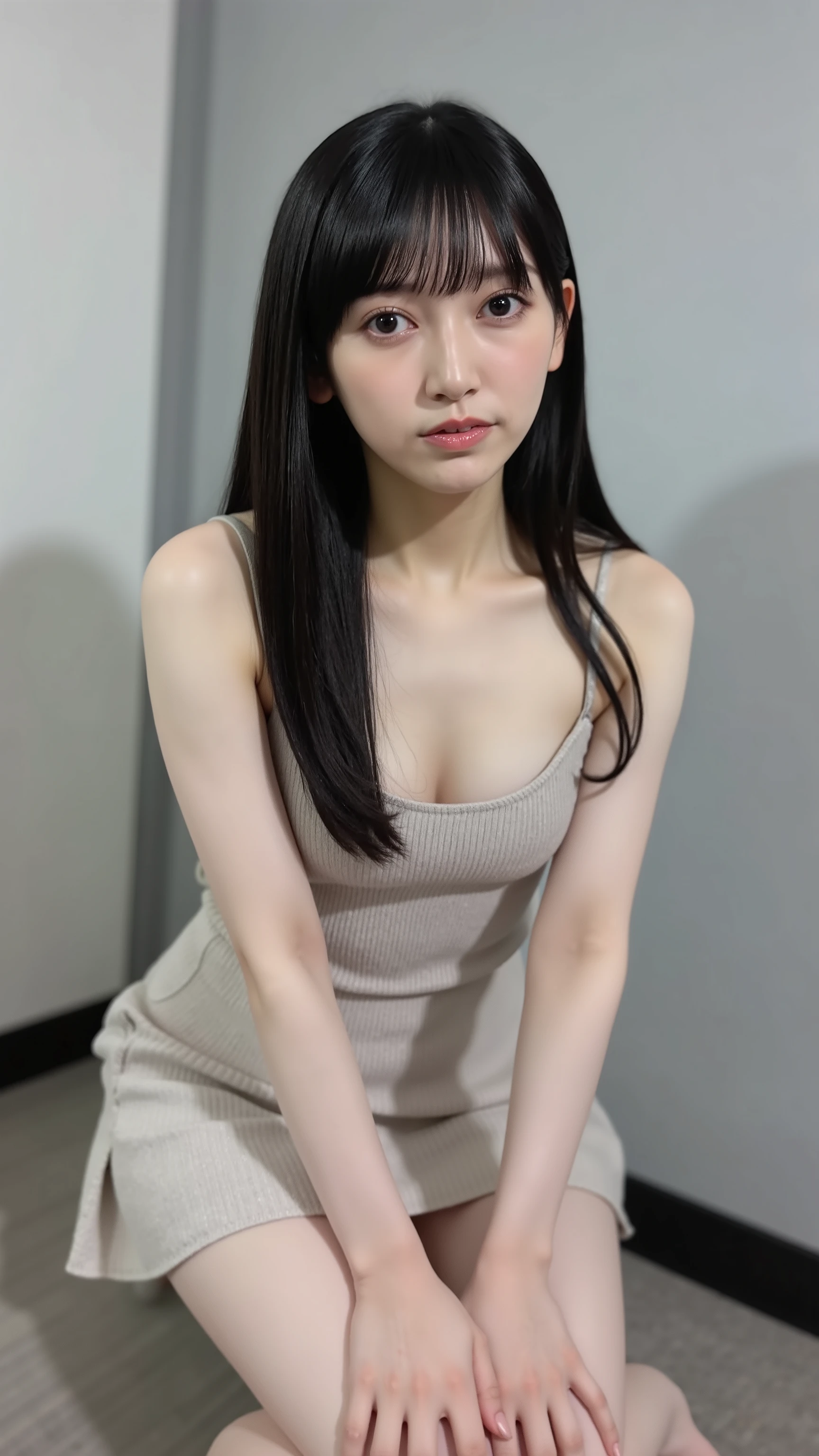 1 girl, solo, long hair, photo shoot, white skin, long hair with bangs, (I'm wearing a knitted tank top with thin straps, plated miniskirt), Natural Breasts, Look at the viewers , 4K, Japanese woman with crossed thighs.