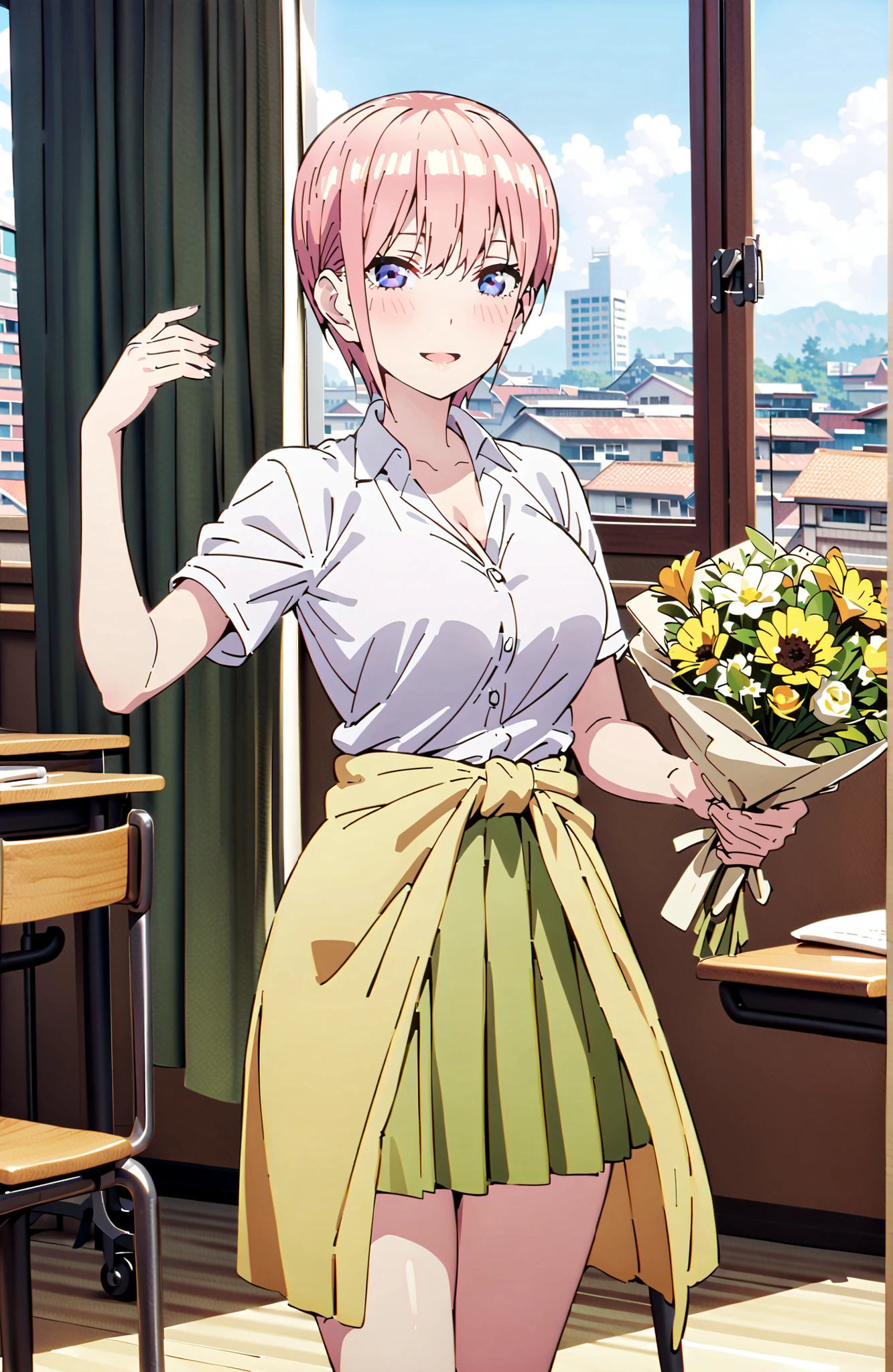 Nakano Ichika, short hair, bungs, blue eyes, hair between eyes, pink hair,Big Breasts, cleavage,in their 40s skirt, shirt, uniform, white shirt, Short Sleeves, green mini pleated skirt, collared shirt, white socks, yellow clothes around the waist,Short sleeve,I'm holding a bouquet of yellow flowers with both arms, Flower blowing snow,smile,blush,open your mouth,standing,curtains,window,machine,chairs, Beautiful Streetscapes,noon,blackboard,in their 40s indoors, Classroom,
in their 40s looking at viewer,full body,
in their 40s (masterpiece:1.2),Highest Quality ,Kampala,unity 8k 壁紙,(shape:0.8),( fine and beautiful eyes :1.6),It's a person ,full body写真,CG Details , (perfect hand in h,Complete Anatomy),