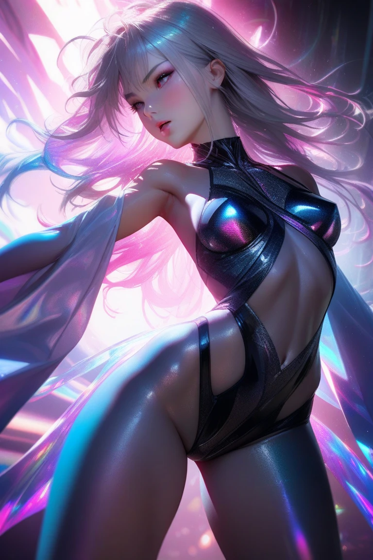 award winning 64k concept art of (black 1girl:1.2) in light pink majestic open dress standing bravely, turned head to the side, posing, epic, god rays, centered, upper body, (masterpiece:1.2), (best quality:1.2), Amazing, highly detailed, beautiful, finely detailed, warm soft color grading, Depth of field, extremely detailed 64k, fine art, stunning, iridescent, shiny, (light reflections:1.2), (crisp:1.5), silver curls, storm, vibrant, sunlit, (edge detection:1.2), absurdres, impressive, 120mm, outlining, wide thighs, mirrors, luminous, mirrors in the background, glittering, reflections, lights, sky in the background