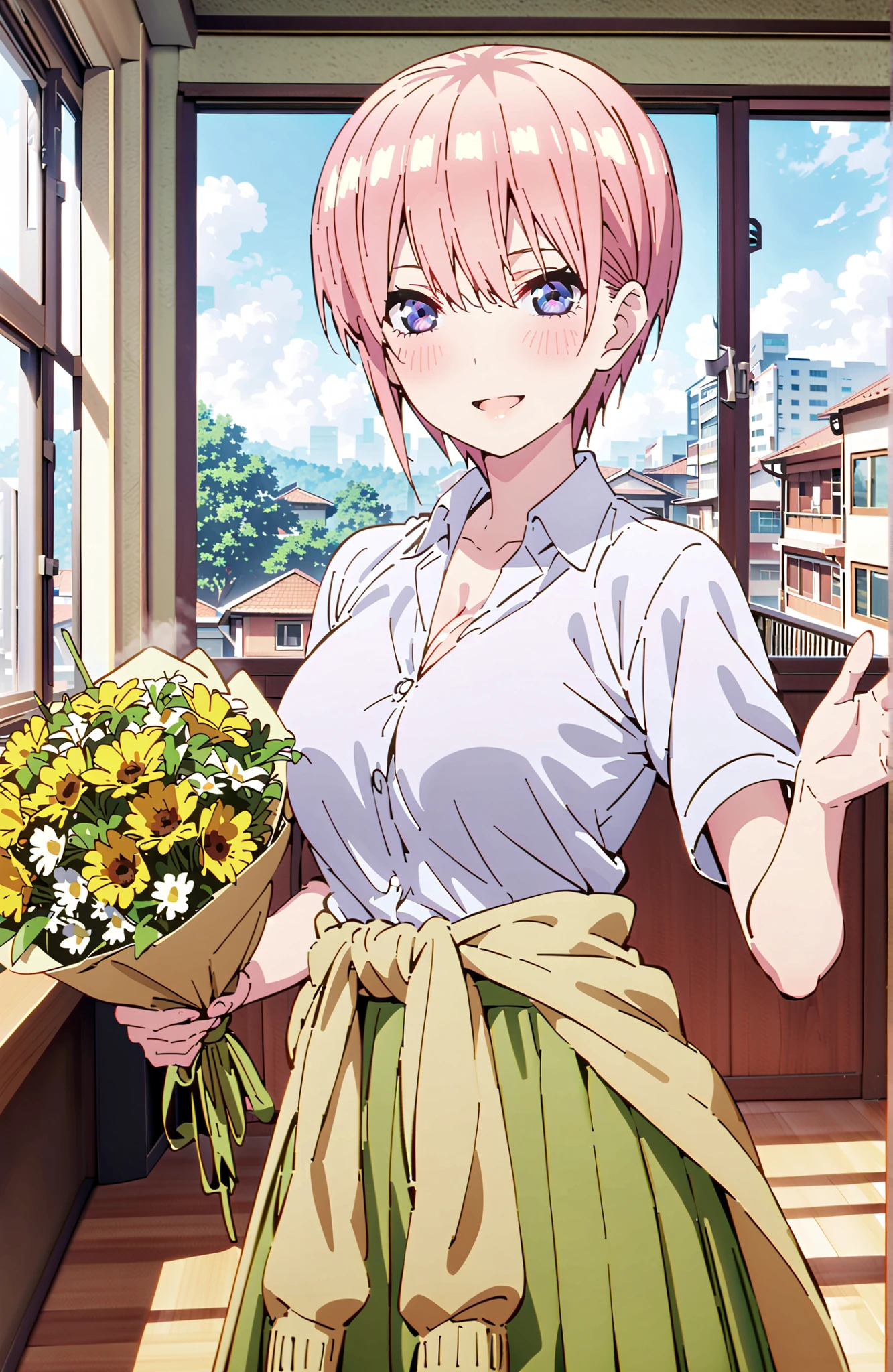 Nakano Ichika, short hair, bungs, blue eyes, hair between eyes, pink hair,Big Breasts, cleavage,in their 40s skirt, shirt, uniform, white shirt, Short Sleeves, green mini pleated skirt, collared shirt, white socks, yellow clothes around the waist,Short sleeve,I'm holding a bouquet of yellow flowers with both arms, Flower blowing snow,smile,blush,open your mouth,standing,curtains,window,machine,chairs, Beautiful Streetscapes,noon,blackboard,in their 40s indoors, Classroom,
in their 40s looking at viewer,full body,
in their 40s (masterpiece:1.2),Highest Quality ,Kampala,unity 8k 壁紙,(shape:0.8),( fine and beautiful eyes :1.6),It's a person ,full body写真,CG Details , (perfect hand in h,Complete Anatomy),