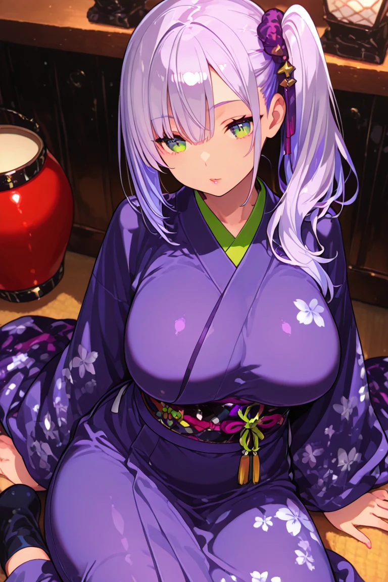Inside the house overlooking the garden of autumn leaves,Japanese houses,veranda,fluffy hair,bluish-silver hair,Winter clothes with a wide open chest,I can see the cleavage,baggy long sleeves,skirt with slides,Green grass,shuicolor,pink there,amarelo,Light purple,blanche,Irridescent color,Loose socks,He leans forward a little and points at shogi..,holding shogi pieces in hand,giant shogi piece figurine,Look seriously at the person in front of you,Slight red tide,Sitting upright,An anxious face that looks a little anxious,