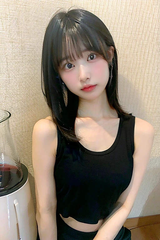 (realistic, high resolution:1.3), (face close up), 1 girl with perfect figure, super fine face and eyes, black hair,medium hair, tank top: 1.2 in random colors, short、skirt, bridge, big breasts, cleavage, choker, smile