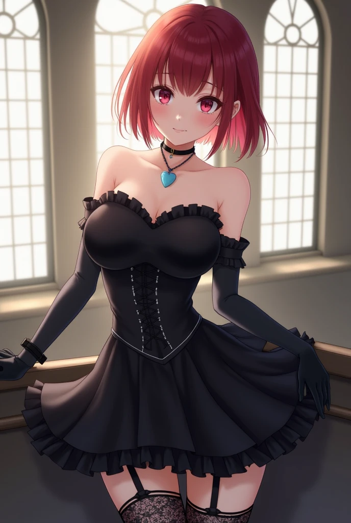 Masterpiece, best quality,Kousaka honoka, strapless black crop top, micro skirt, fishnet thighhighs,big breasts, standing , Blushing ,cowboy shot , jewelry ,hand on hip , gothic , orange hair , blue eyes , nipples