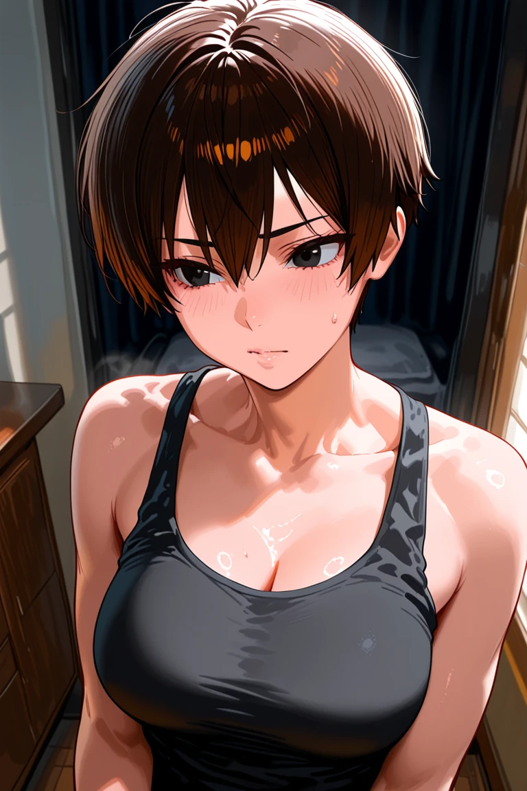 Looking into the camera、When I Look at You、lookatviewer、Anime Style、Eroge、1 girl, (Huge long breasts:1.2), (Black sports bra、Cleavage:1.2,Tight sports bottoms)、Low - Angle、Brown haired, hair band、ショート Bob Hair、The forehead is visible、smile,Round Breasts、Pregnant women