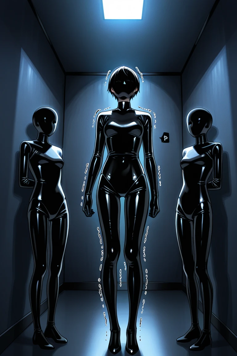 dynamic angle, a ultra realistic beautiful moe anime, gradient background, Standing in the center of the room is a mirror monster. Its surface is as smooth as a mirror, reflecting the surroundings. It mirrors our appearance, our actions, and learns from them. Its existence is like a mirror for us to reflect upon ourselves. 