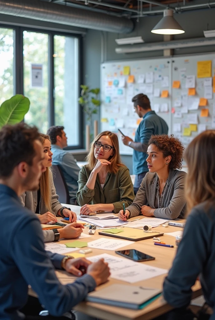Stylish Impressionism style. Design Thinking Workshop. Three 25yo women are two 40yo French men are talking. Happy smile. Whiteboard by office green plant. Studio light.