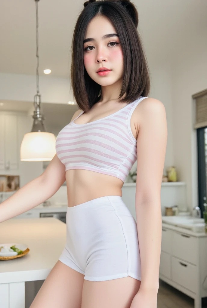 (masterpiece, Highest quality, 8K, High resolution),(Realistic skin texture, Perfect Face, Realistic, Perfect hands, Perfect finger count, Japanese, Girl), (12 years old), (2 people), Big Eyes, Brown eyes, Light brown hair, bangs, Twin tails, Hair Ribbon, Small face, Smile, ((Tank top, Low rise sports shorts)), 2 peopleが並んで立っている, Cute pose, Shopping mall