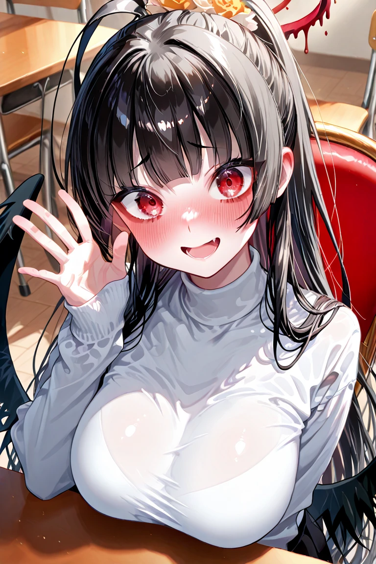 looking ahead,from above,slouch,handjob,side view,face focus,open mouth,tongue out,cum on tongue,Licking a white dildo,(1girl,Beautiful 14 year old girl),((Slender,Small breasts,Baby Face,Small face,)),looking at viewer,Black Hair,bangs,two side up,Gray Eyes,Drooping eyes,slit pupils,narrow eyes,ollarbone,black t-shirt,off-shoulder look,Black and red checkered short skirt,Beautiful and detailed anime art,Mischievous smile,Dimly lit room,Simple Background,Gray background,Low lighting
