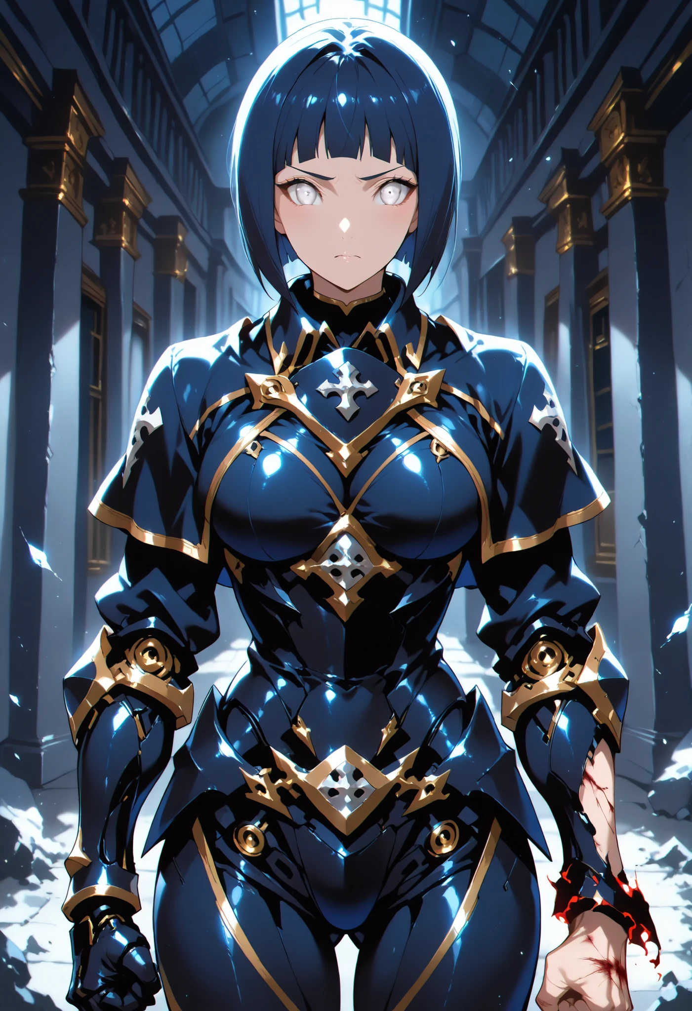 score_9,score_8_up,score_7_up,solo,looking at viewer, Hyūga_Hinata's/Boruto, White Eyes, short hair,bangs,shirt,Dark Blue hair,(Old West), a Cyber Templar in black (the secret underground bar,What are the stories of debauchery and extravagance Passionate lustfull, Wearing Cyber Templar Metal Mechanical Suit, Cyber Templar Organization Leader, Mechanical Body, Cyborg Body, Destroyed Body, ((Ripped Hand : 1.4))