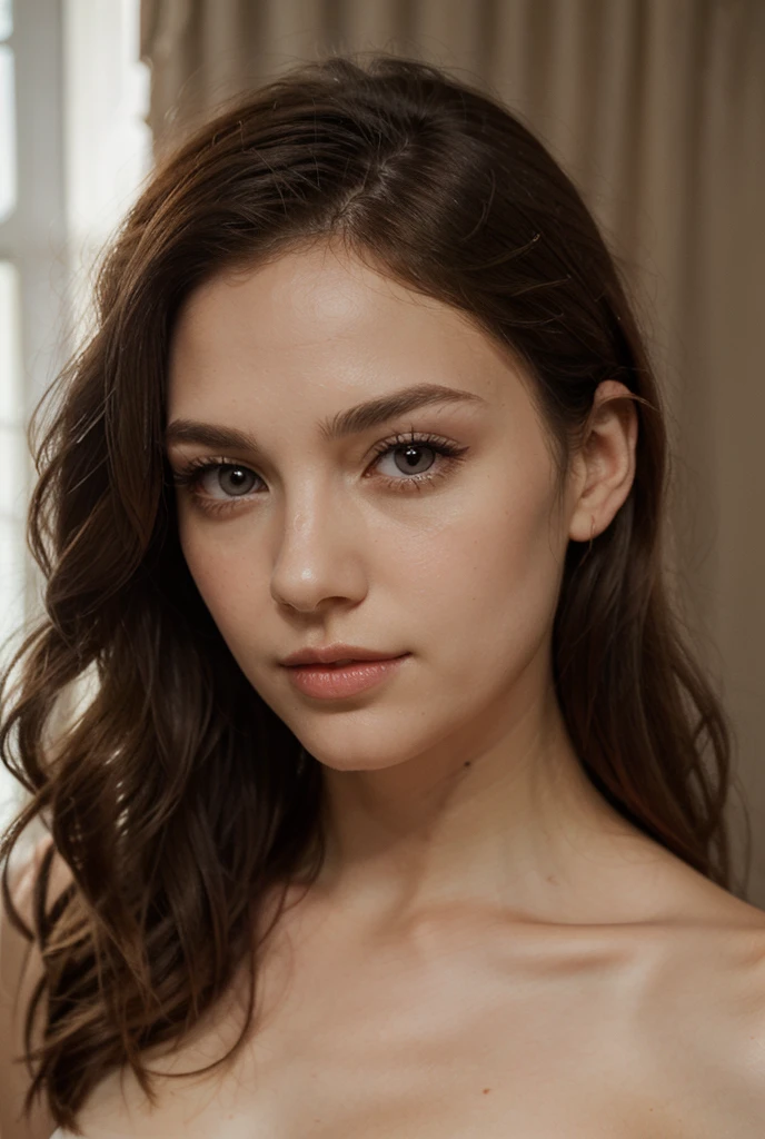 The woman in the image possesses distinctive features that exude an ethereal aura. She has a cascade of chestnut-brown hair, styled in loose waves that frame her face. Her eyes are a vivid shade of cerulean blue, set beneath well-defined eyebrows. Her skin is porcelain-like, showcasing her prominent cheekbones and softly tinted lips. As she rests her face on her hand, her expression is reflective and serene. Her fingertips gently touch her face, exhibiting subtle details such as the delicate creases and natural nail beds, adding a touch of realism to the scene. The image composition places a strong emphasis on her gaze, drawing viewers into her contemplative world.