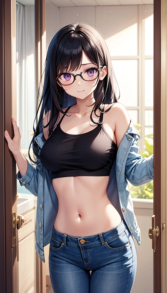 (8K、Raw photography、top-quality、masterpiece:1.2)、(realisitic、Photorealsitic:1.37)、ultra-detailliert、超A high resolution、see the beholder、beautifull detailed face、Constriction、(Slim waist:1.3)、Beautiful detailed skin、Skin Texture、floated hair、profetional lighting、Super delicate and cute girl with black hair、girl with、Solo、1 persons、a junior high school student、14years、Dark hair、Black eyes、Long straight hair、(Wearing a gray hoodie over a plaid shirt)、(JINS:1.2)、(small tits:0.7)、eye glasses、A slight smil