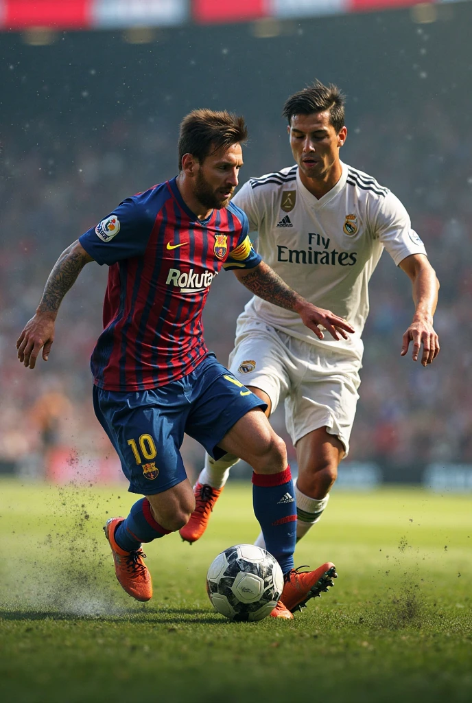 Ronaldo slide tackling Messi while playing for Real Madrid in the champions league final