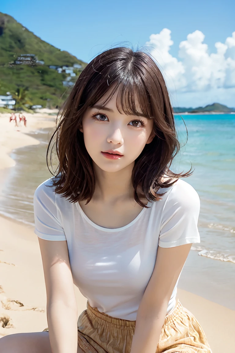 Ultra-realistic, 4K, Professional photos, 22-year-old girl, Black girl, Big Curly Hair, High resolution, Detailed face, Medium bodied, Yellow floral skirt, (Open blue shirt), masterpiece, (Lighting), (1 Solo), Beach Background, Realistic Background, Realistic photos