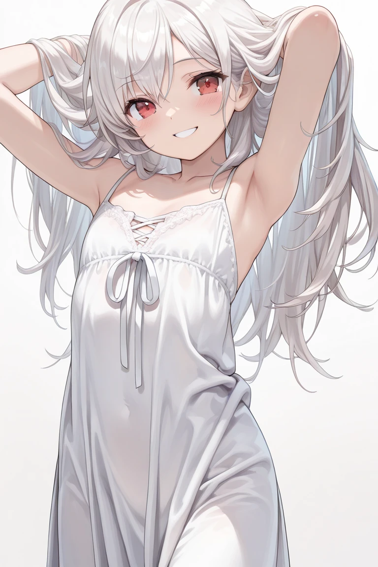 (musterpiece), (best quality), (score_9, score_8_up, score_7_up), very detailed eyes, expressive eyes, perfect face, very detailed face, highly detailed face, beautiful girl, 8K, beautiful girl, (white background:1.3), delicate and beautiful face and eyes, dark intense shadow, 1 girl, solo, vtuber style, cool girl, hololive, vtuber, Shirakami Fubuki, white hair, long hair, blue eyes, fox ears, fox tail, low ponytail, see-through:camisole, oversized white camisole, Cute boxer shorts, off the shoulders, Healthy slim body, medium chest, soft chest, cleavage, clavicle, cameltoe, half-closed eyes, sleeping, breathing, ass visible through thighs, (whole body), sleeping face, lying on back,lying on bed, arm up, arm on forehead, armpit, look up, light smile, one knee up, pov chest,