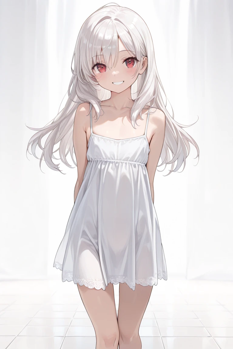 Cute little anime going for a walk with a revealing white dress, small, white dress, tight panties, white hair, uncomfortable smile, see through dress, tiny erect nipples, hard nipples, cameltoe, , 