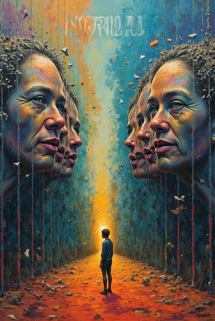 there is a painting of a man holding a baby in a field, surreal art, surreal scene, zdzislaw beksisnski, surreal illustration, surreal and fantasy art, neosurrealism. digital art, surreal digital art, surreal oil painting, inspired by Brian Despain, dark surreal art, emotional surrealist art, beksisnski, illusion surreal art