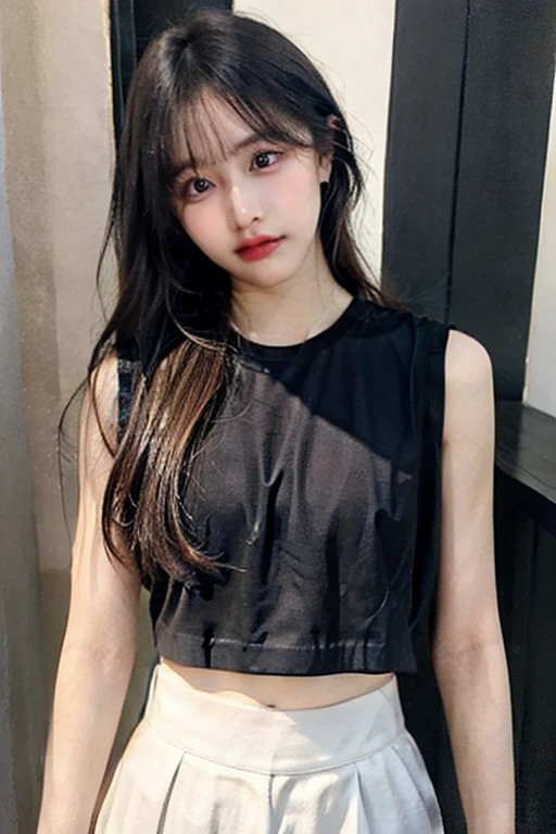 1girl, solo, long_hair, breasts, looking_at_viewer, blue_eyes, shirt, black_hair, hair_ornament, closed_mouth, upper_body, ponytail, short_sleeves, pants, shadow, expressionless, denim, jeans