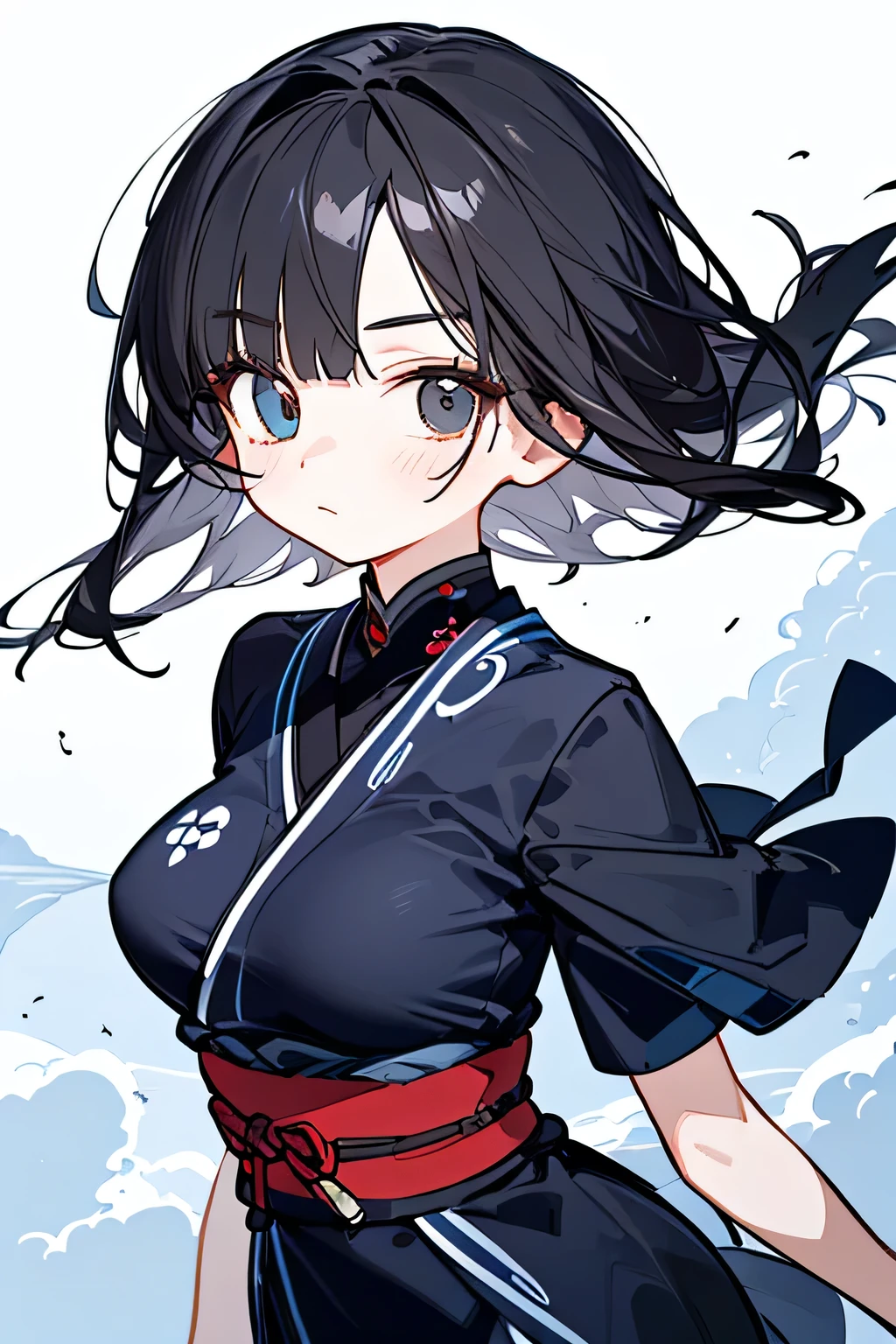 NINJA WIND,((One Eye Concealed Hair)),mystical atmosphere, natural body,(Short sleeves+arm cover=Navy Blue Ninja Outfit,)High Niso,detailed clothes,(slender figure,marshmallow breasts ,),beautiful black hair,well-groomed face,Clear Skin,Fair skin,Japanese face,