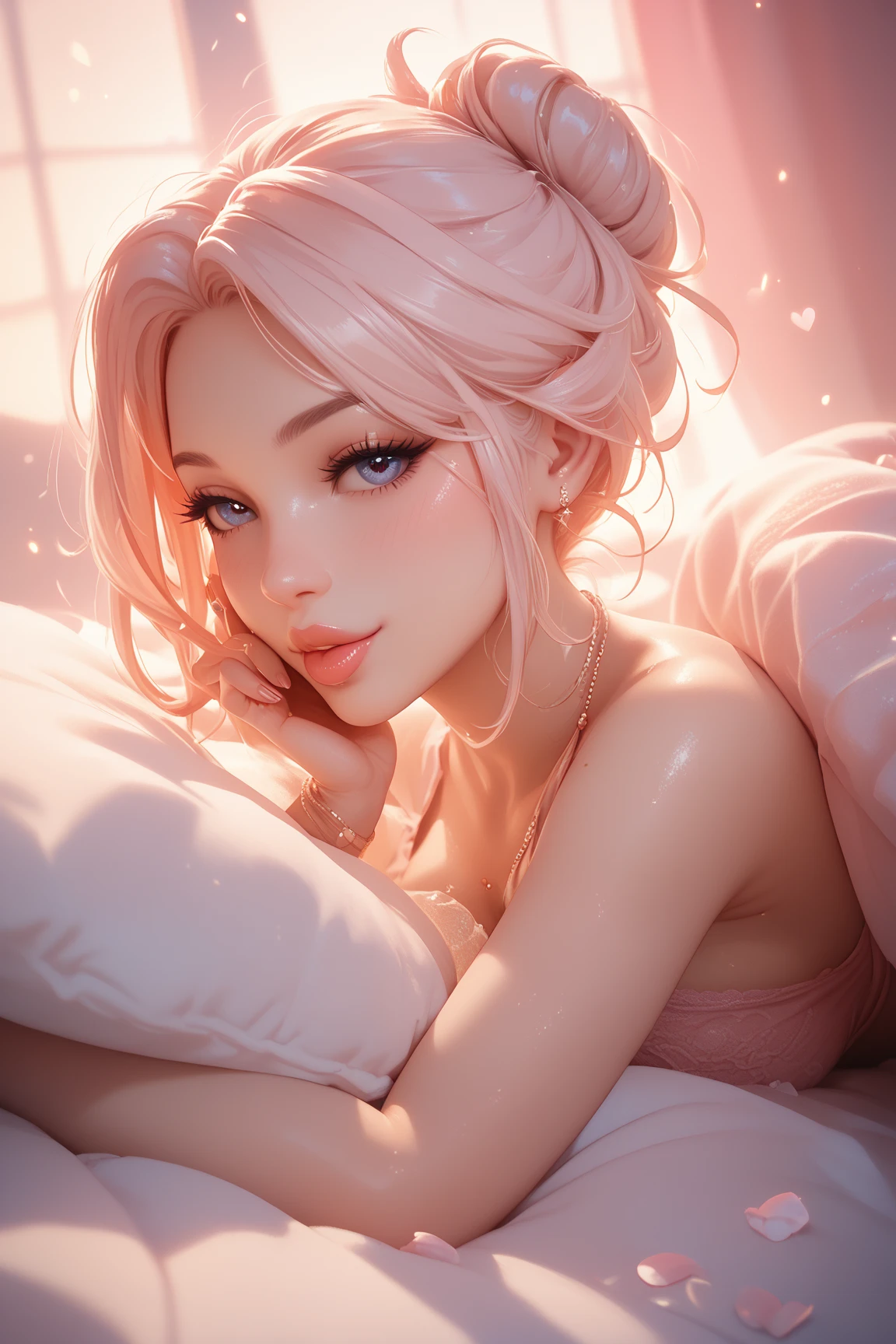 sexy sensual sunlit european beautiful woman, nightgown, wild cottoncandy hair, freckles,  golden hour backlighting, sultry face, underwear covered with roses, frail, medium shot, hyperrealystic, detailed, 4k, lightroom --auto --s2
