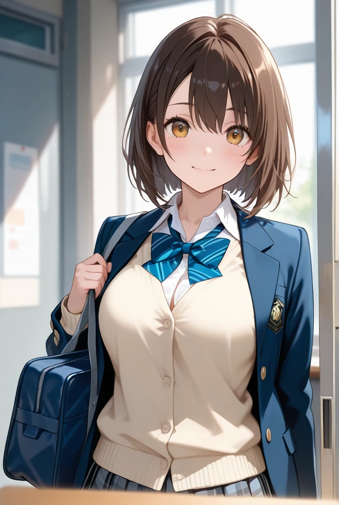 (((masterpiece, highest quality:1.2))),cowboy shot,16 year old beauty,solo,dark brown hair,short bob hair,brown eyes,blunt,skinny,medium breasts,shiny skin,oily skin,sweat,smile,  BREAK Wearing 、Navy blue blazer、Blue tie、Navy blue checkered pleated mini skirt、　BREAK   ,standing,School building、Daytime、