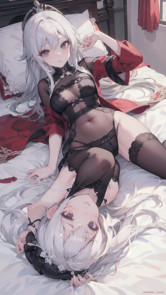 UHD,textured skin, Highly detailed, Anatomically correct,alone,(1 female,long white hair,perfect body),(Wearing see-through nun robes.:1.4)(Bikini type:1.9),(Wear long black silk stockings.:1.7),(Spread your legs:1.7)(Leg lift),(lying on a luxe bed:1.7),(Royal Classic Room:1.7),(Hand behind her head:1.7),(Skin sweating:1.7),(Full of shame:1.4),see pussy,see tits