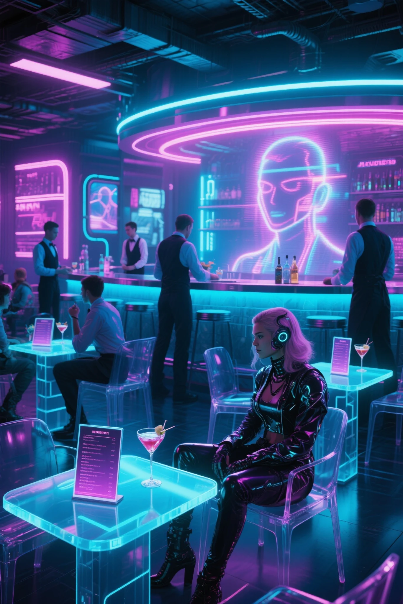 An underground bar full of high-tech elements，with clear acrylic furniture、cocktail list with neon lights and holographic projections，Customers wearing futuristic outfits，Surrounded by waiters。