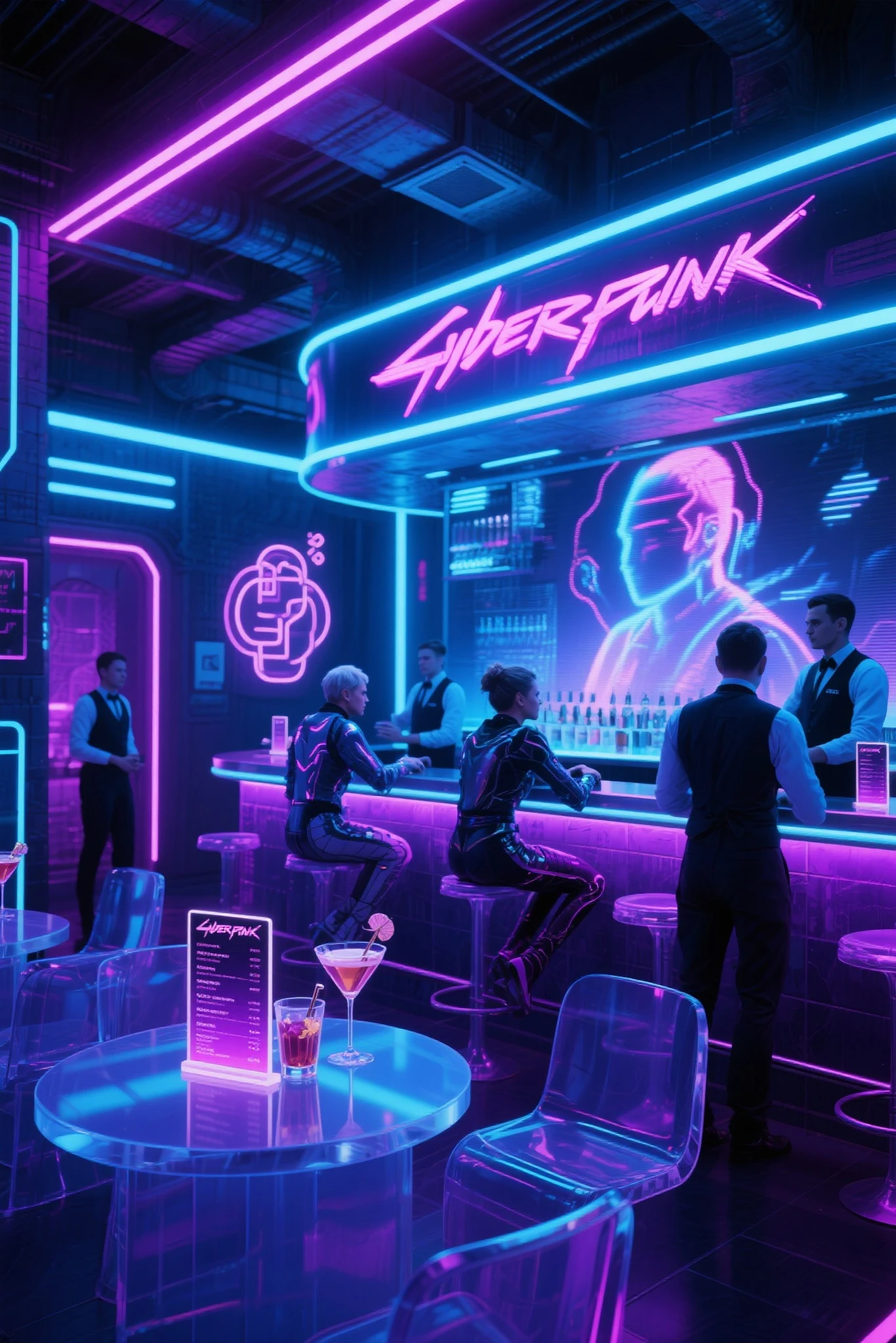 An underground bar full of high-tech elements，with clear acrylic furniture、cocktail list with neon lights and holographic projections，Customers wearing futuristic outfits，Surrounded by waiters。