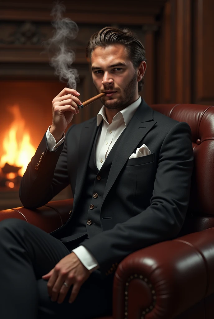 image of a cool guy in a suit, wearing glasses, smoking a cigarette, sitting in a fancy office chair, with a crypto bullish chart on a table in the background