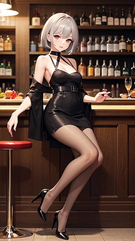 (1920s woman:1.2) in (seductive pose:1.2), (sitting:1.1) at a (stylish bar:1.1).