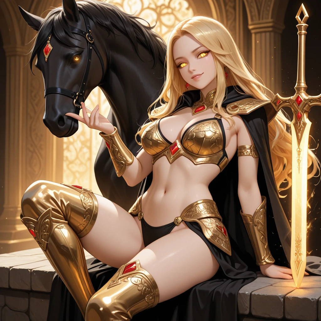 Knight of the Zodiac Aiolia de Leo, caveleira de ouro com capa branca, ataque na velocidade da luz, Saint Seya, (STYLE V-RAY!!!), (textura METAL REALISTA), CABELO REALISTA!!! (OURO BRILHANTE), (textura realista:2.0), (HDR:1.8), (4K), BLOND HAIR LONG, tiro de corpo inteiro!!!, camera low, TRAJE super detalhada ( ARMADURA), (TRAJE COM CAPA, MANTO) traje com pedras preciosas, ombreiras largas, steel mesh costume, mulher, rosto angelical, symmetrical face, seduzir, coxas musculosas definidas, SALA DO TRONO MAJESTADE, corpo inteiro, mostre as pernas de calcinha dourada brilhante relusente, olhos azuis sensuais, coxas BRANCAS, pernas, boca vermelha, olhos pequenos, nariz fino, (ETINIA ESLAVA), pele branca, 22 year old girl skin clean, pele branca, 20 year old girl skin clean, (OLHOS PERFEITOS!), hot girl, (BARRIGA SENSUAIS!), coroa, tiara, headscarf, diamantes, rubis, topaz, esmeralda
