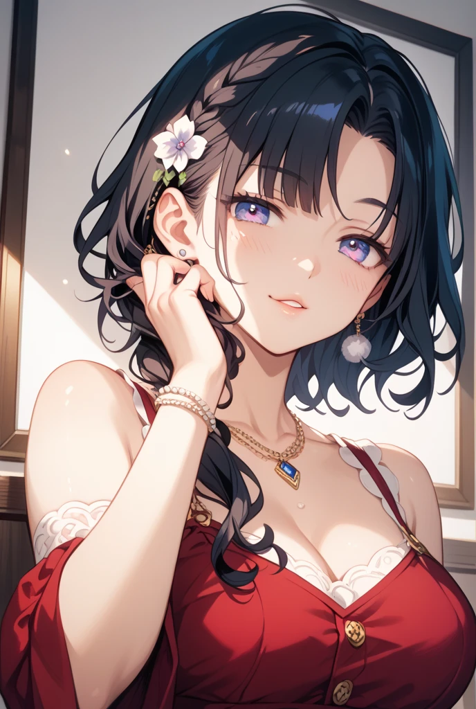 (((masterpiece))),  (((Highest quality))), (((From the side))), (((Applying lipstick))), (((Have lipstick))), (((reflection))), (((Look in the mirror))), clavicle, necklace, Purple chiffon tunic, window, Bedroom, ((Blue tone)), (((Night view))), Ocean, Beach, full moon, alone, One girl, (((Big Breasts))), Updo, Hair Clip, ribbon, Sweat, Enthusiast, shy, blush, Slim figure,