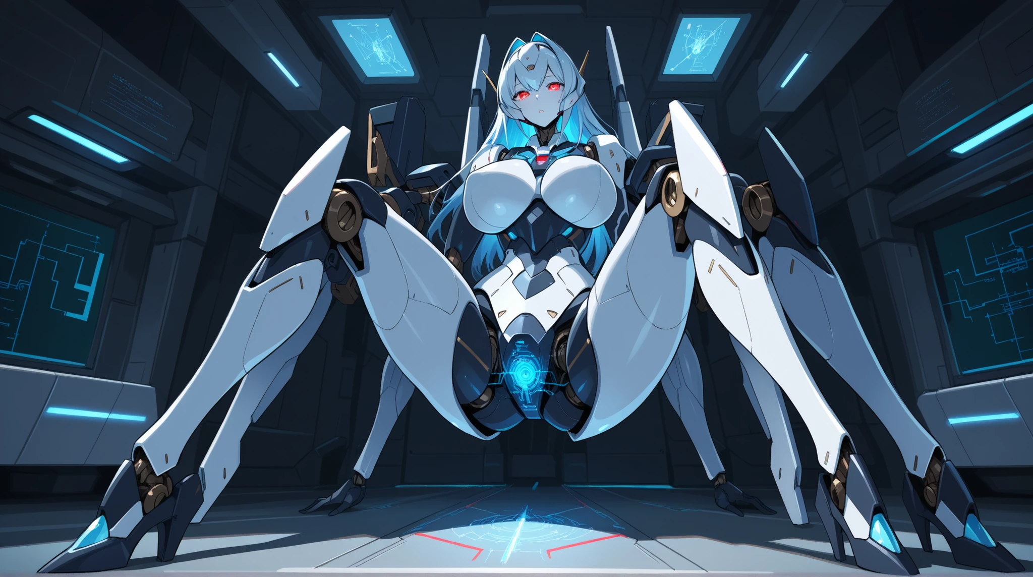 female robot, Mecha Spider Legs,  precision circuit , Precision machinery, clear parts, Big Breasts, Mega-particle cannon in the crotch,  Coordination Room,