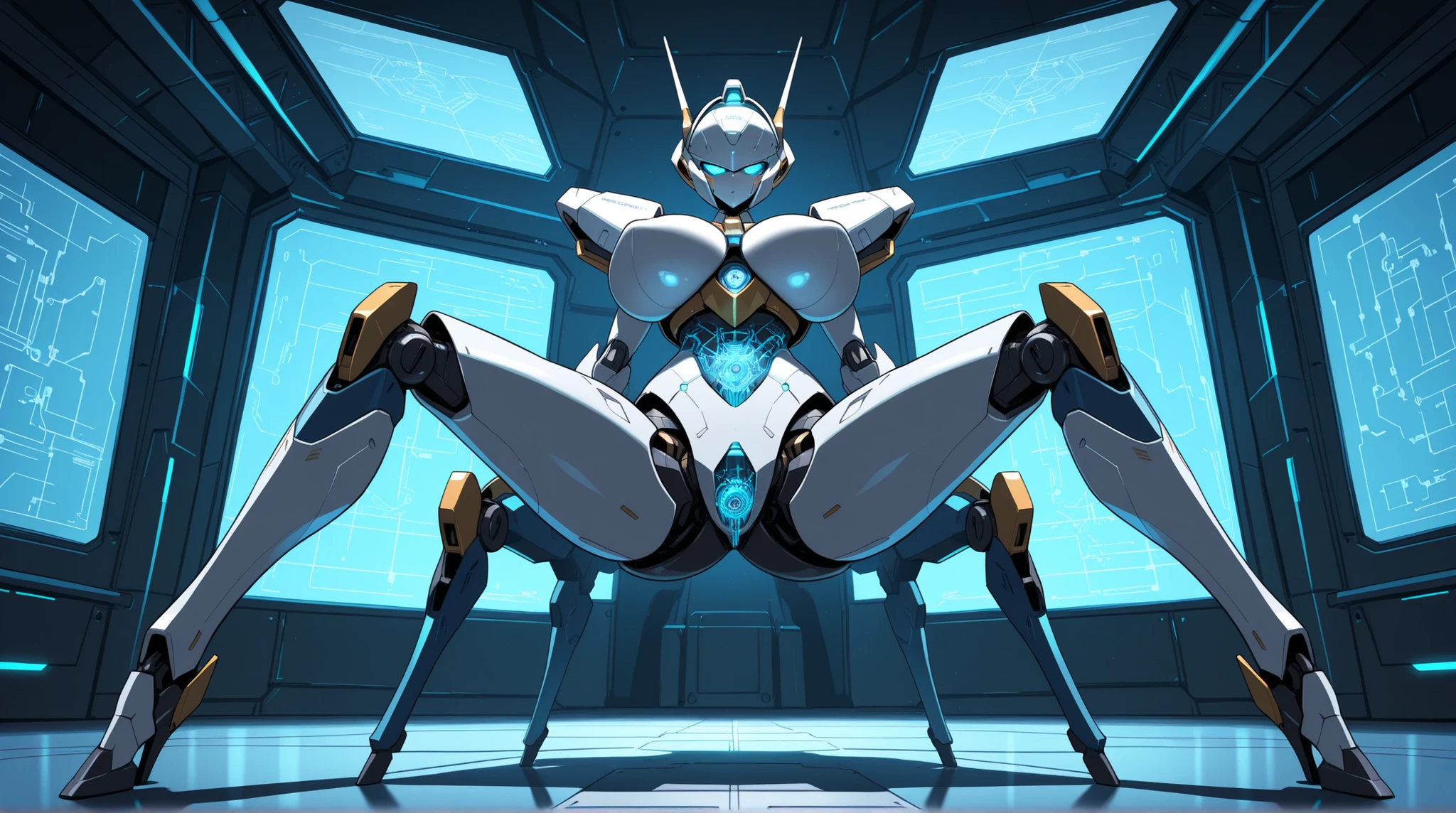 female robot, Mecha Spider Legs,  precision circuit , Precision machinery, clear parts, Big Breasts, Mega-particle cannon in the crotch,  Coordination Room,